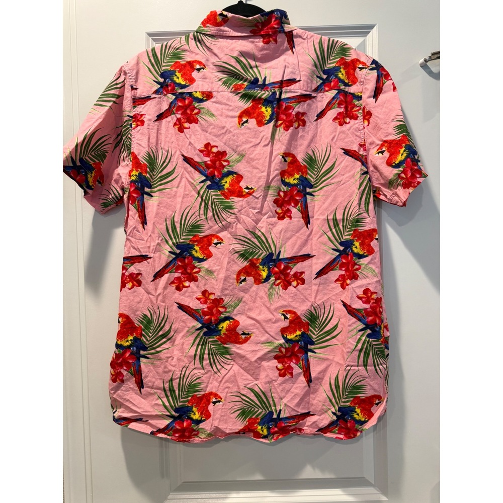 Neff Mens Pink Parrot Tropical Hibiscus Print Cotton Short Sleeve Button Up - Picture 6 of 6